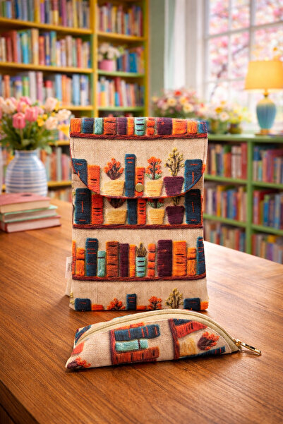 TALKING DREAMS Nakış Kitaplık Desenli Kapaklı Kitap Kılıfı ve Kalem Kutusu 2l...