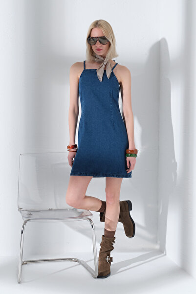 Maule 100% Βαμβάκι Τζιν Με δέσιμο Μίνι γυναικείο φόρεμα με τιράντες και φερμο...