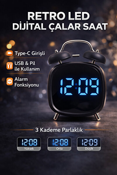 Qifit Retro LED Dijital Çalar Saat Type-C Girişli 3 Kademeli Parlaklık USB ve...