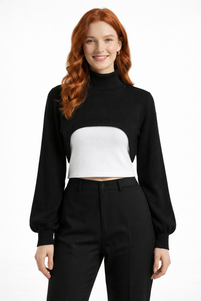 Neden Tekstil Black Mock Neck Low-Cut Cropped Bolero Knitwear