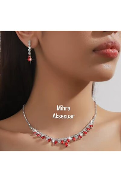 Mihra Aksesuar Kristal Kırmızı Damla Taşlı Özel Yapım Kolye Küpe Seti