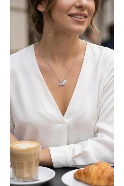 BUTİK AYVİTRİN 316L Steel Chain Silver Color Zircon Stone Swan Necklace