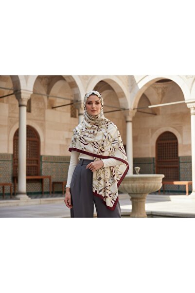 Sorena Golden Loop Floş Viskon Şal – Bordo Bej Gold Zincir & Zebra Desenli