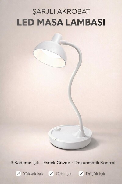 Edison Beyaz LED Masa Lambası Şarjlı 3 Kademe Beyaz Işık Dokunmatik Akrobat Ç...