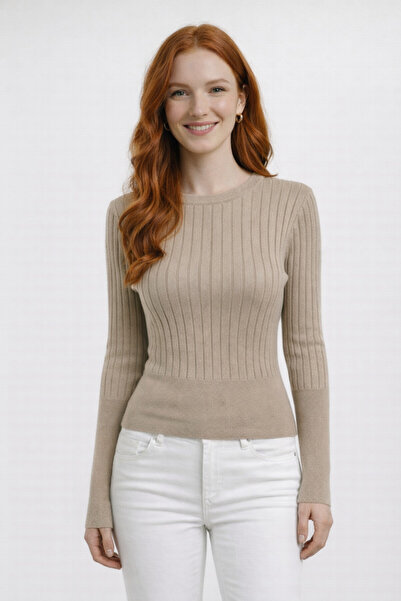 Neden Tekstil Beige Corded Fabric Crew Neck Long Sleeve Slim Fit Sweater