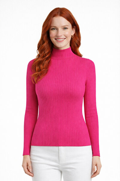 Neden Tekstil Fuchsia Half Turtleneck Polyester Blended Corded Fabric Sweater