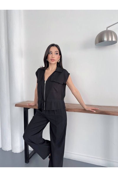 Ekim Store Drawstring Waist Zipper Y Vest Trouser Set