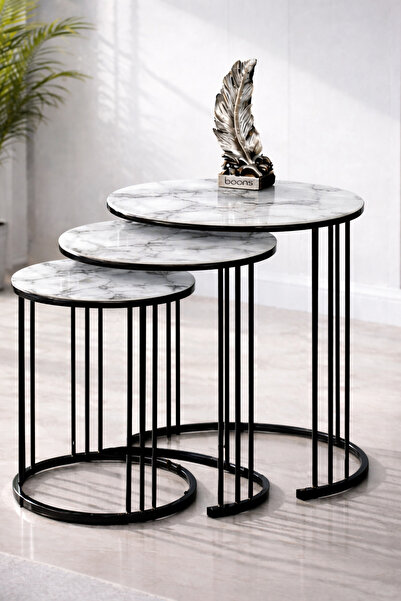 boons Palmira Modern 3’lü Zigon Sehpa Seti İç İçe Geçmeli Dekoratif Salon Seh...