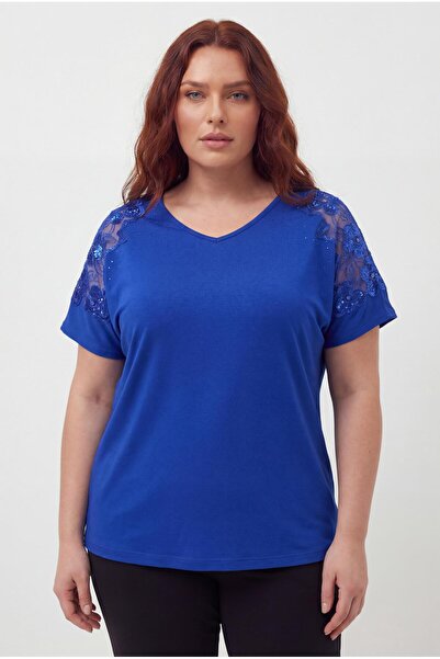 Ebsumu Γυναικεία Μπλούζα Μεγάλου Μεγέθους με Λεπτομέρεια στους Ώμους Δαντέλα ...