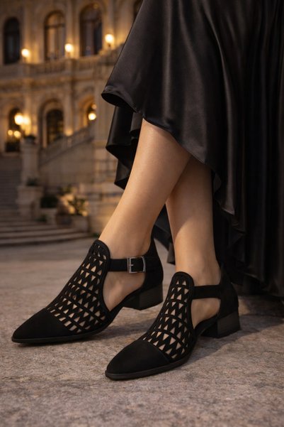 Defne Trend Store Silva Women's Laser Cut Ankle Boots Buckled Heeled Suede Shoes Daily Stylish Style Perforated