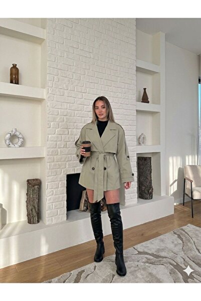 timagna Kadın Kısa Trençkot Cepli Kuşaklı Rüzgar Kapaklı Yeni Sezon Dış Giyim