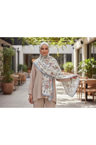 Rosalia Floş Viskon Şal – Duman Mavisi Zincir & Floral Desen