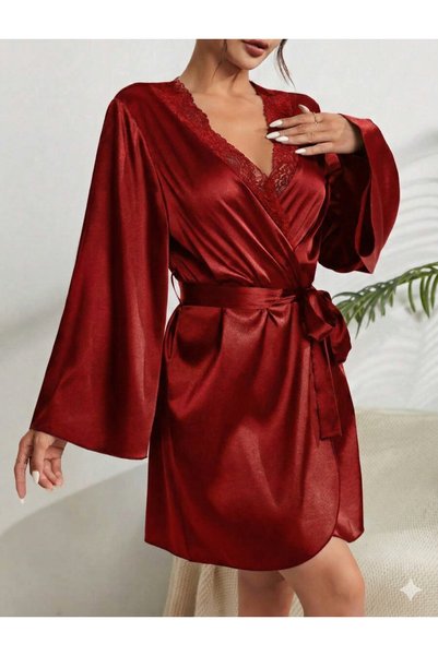 sempathy Women's Satin Ruffled Simple and Stylish Short Satin Dressing Gown with Sleeves and Collar Lace Detail