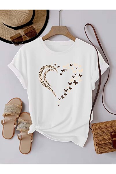 Trend Sizde تي شيرت أبيض للجنسين بطبعة قلب الفهد والفراشة مطبوع برقبة دائرية