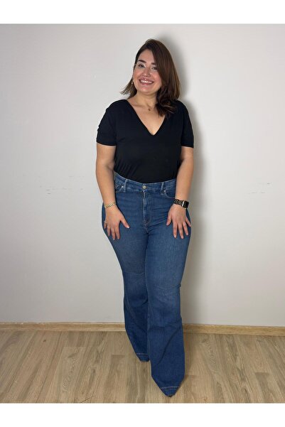 Store Büyük Beden İspanyol Paça Ful Likralı Zayıf Gösteren Kot Pantolon