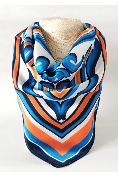 Halley Concept وشاح أزرق برتقالي متوسطي البحر منقوش من الساتان