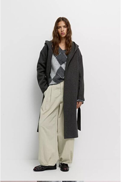 Butik Allbucks Pull&Bear Hooded Long Melton Coat Abpnb3762