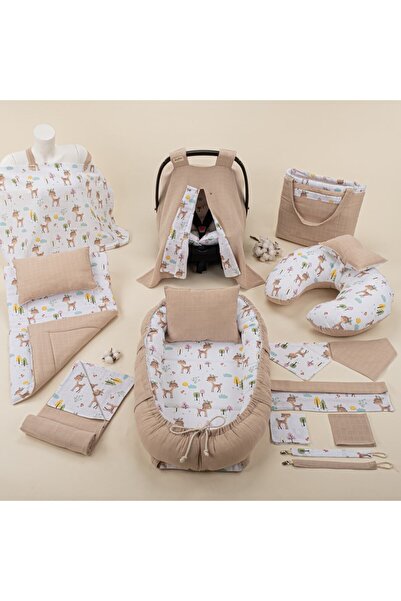 özgürce 15 Parça Bej Müslin Bebek Seti, Puset Örtüsü, Emzirme Önlüğü ve Minder