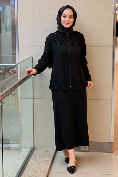 FUAT GÜRSEN Fuat Gürşen Güpür Detyalı Kuşaklı Ceket Etek Takım