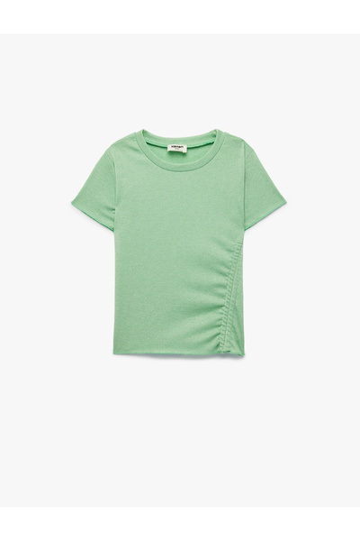 Koton Glittery Short Sleeve Crew Neck Ruched Cropped T-Shirt