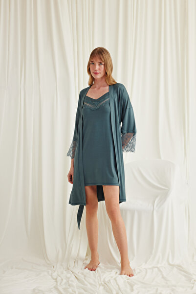 MONAMİSE Γυναικείο, πράσινο, σετ ρόμπας με χαμηλό κόψιμο στο λαιμό και στα μα...