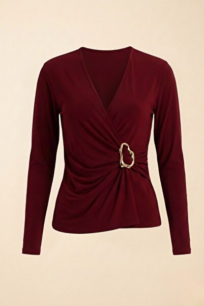 Potenza Kadın Bluz Gold Toka Detaylı Büzgülü Kruvaze Yaka Uzun Kollu Sandy Ku...