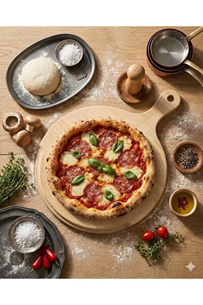 LkAhşap 32 cm Ahşap Pizza Sunum Tahtası Saplı – Yuvarlak Doğal Ahşap Servis ve Sunum Tabağı Fırın Küreği