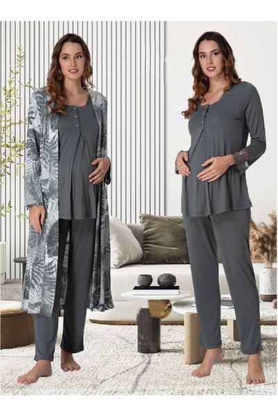 Effortt Dvina Lohusa Hamile Patterned Long Sleeve Pajama Set with Dressing Go...