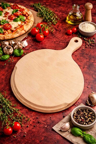 LkAhşap 32 cm Ahşap Pizza Sunum Tahtası Saplı – Yuvarlak Doğal Ahşap Servis v...