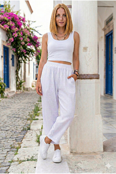 Pasaklı Giyim Γυναικείο ύφασμα μουσελίνας, ελαστική μέση, παντελόνι άνετης εφ...