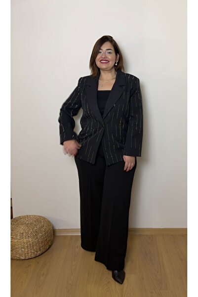 Store Büyük Beden Önden Düğmeli Taş İşleme Ceket