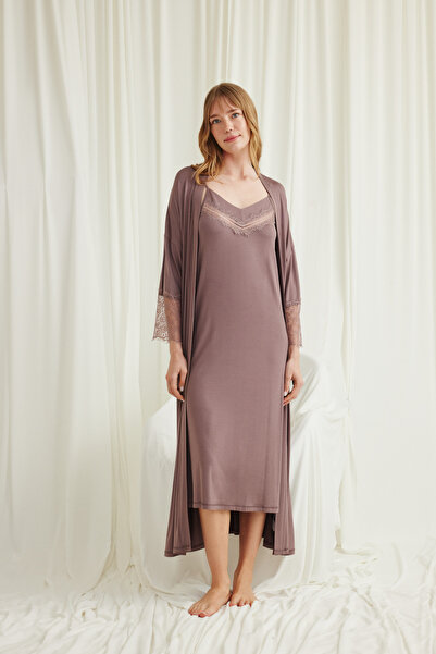 MONAMİSE Women'S, Brown, Viscose Piece, Low-Cut, Collar and Sleeves, Lace Pie...