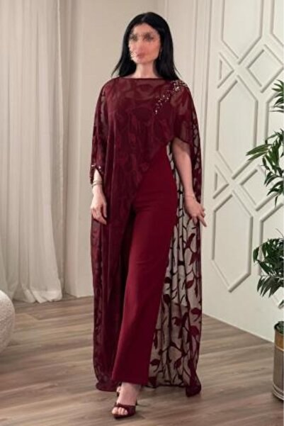 MANGONA Two-Piece Jumpsuit with Chiffon Cape in Burgundy