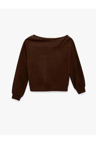 Koton Uzun Kollu Zımba Detaylı Asimetrik Kesim Omzu Açık Sweatshirt