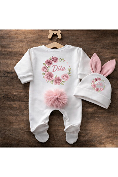 Moda Lime İsimli Kız Bebek Tulum Seti | Gül Çiçek Çelenkli Tasarım | Pamuklu ...