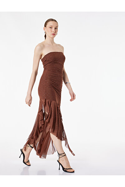 Koton Straplez Yaka Taşlı Asimetrik Kolsuz Drapeli Volanlı Midi Tül Abiye Elbise