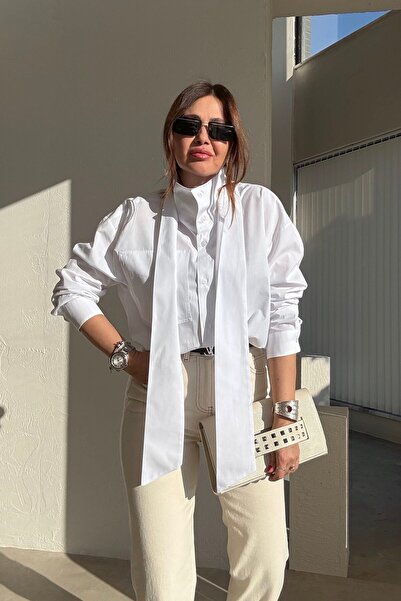 ELVAN TOLON Cămașă albă cu eșarfă guler ridicat