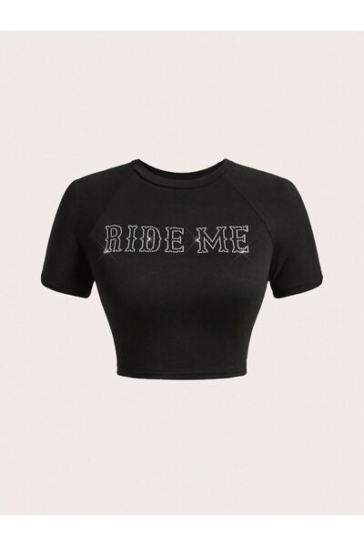 Gofeel Μπλουζάκι Harajuku Y2K Ride Me Written Glitter Stone με τύπωμα Μαύρο Κ...