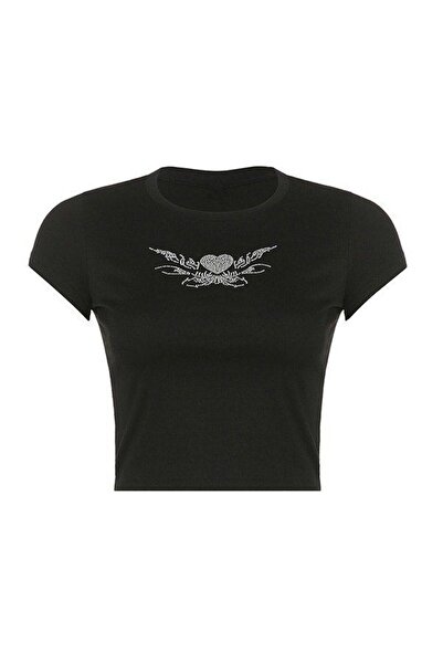 Gofeel Harajuku Y2K Wing Figure Glitter Stone Štampano Crna Skraćeni kroj Majica