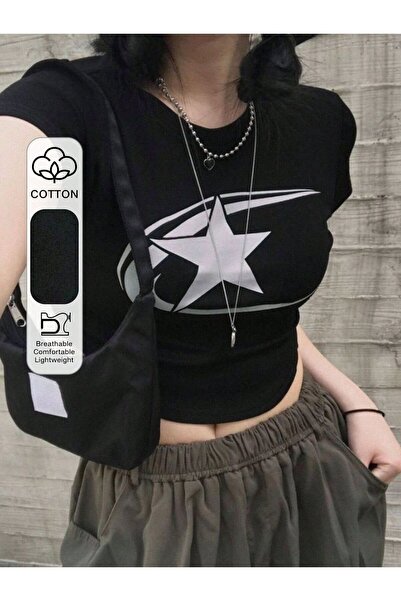 Gofeel Μπλουζάκι Harajuku Y2K Star με τύπωμα Μαύρο Κοντό