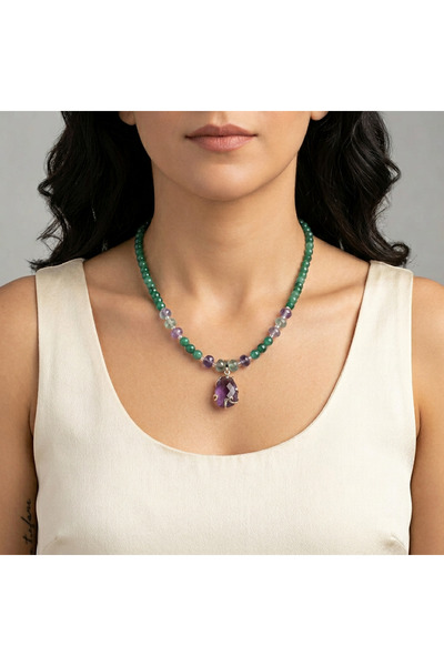 elinasaccessories Gerçek Florit ve akik taslı designer kolye,ametist kolye ta...