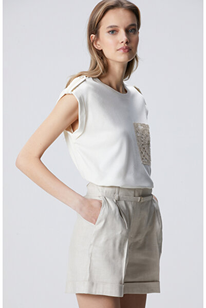 Network Kırık Beyaz Boncuk İşleme Cep Detaylı T-shirt