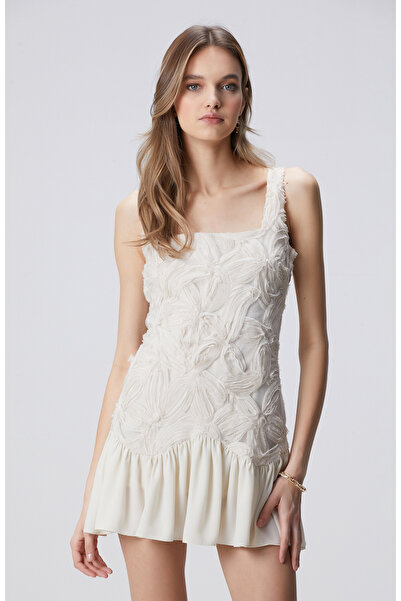 Network Kırık Beyaz Desenli Mini Abiye Elbise