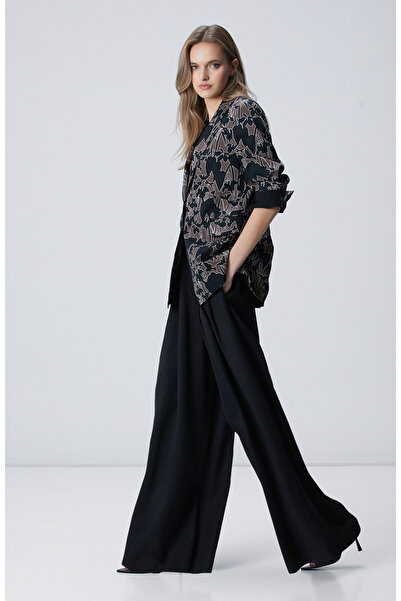 Network Siyah Pile Detaylı Keten Karışımlı Pantolon