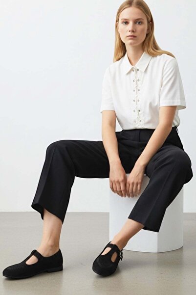 Trend Alaçatı Stili Kadın Siyah Süet T-Strap Loafer Ayakkabı Alc-X15418