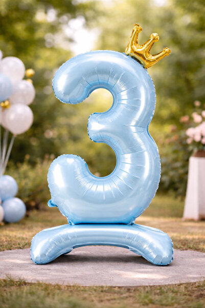Baloncu Dede بالون على شكل رقم 3 باللون الأزرق الفاتح مع تاج للقدمين مقاس 78 ...