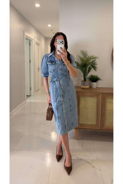 BİRCANÇİL Rochie Yonasra Blue Snow Wash cu mâneci scurte și curea denim