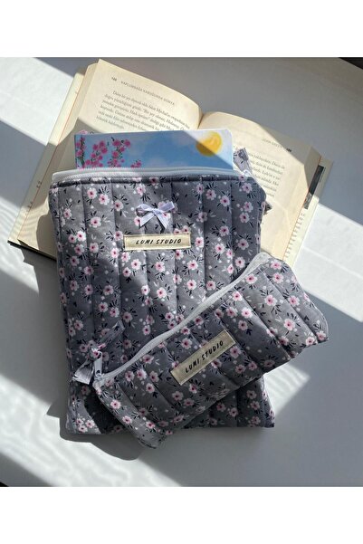 lumi Studio Gri Çiçekli Kitap Kılıfı, Organizer, Ajanda, Defter Kılıfı- Kalemlik