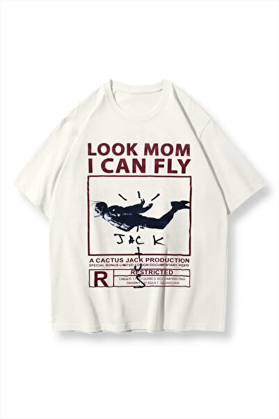 Gofeel Unisex Oversized White Look Mom I Can Fly Detailed T-Shirt