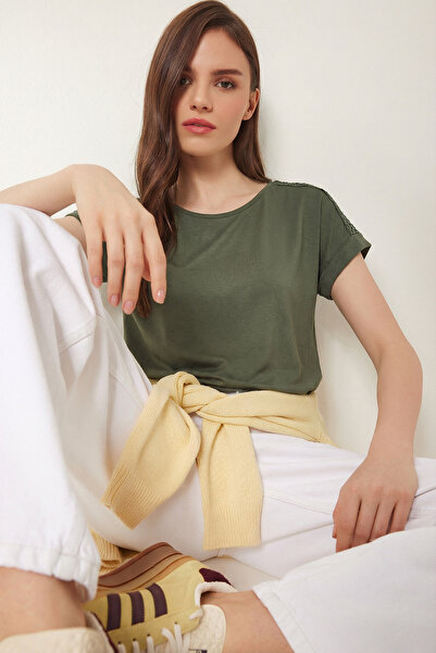 Lovelyİstanbul Guipure Detailed Viscose T-Shirt Lrn0006 Haki̇